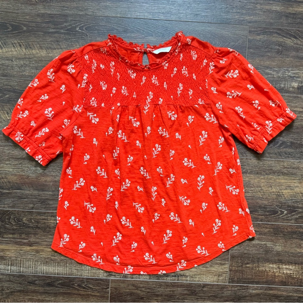 LUCKY BRAND Women’s Smocked Puff Sleeve Shirt Orange Boho Floral Top Large L - Picture 2 of 6
